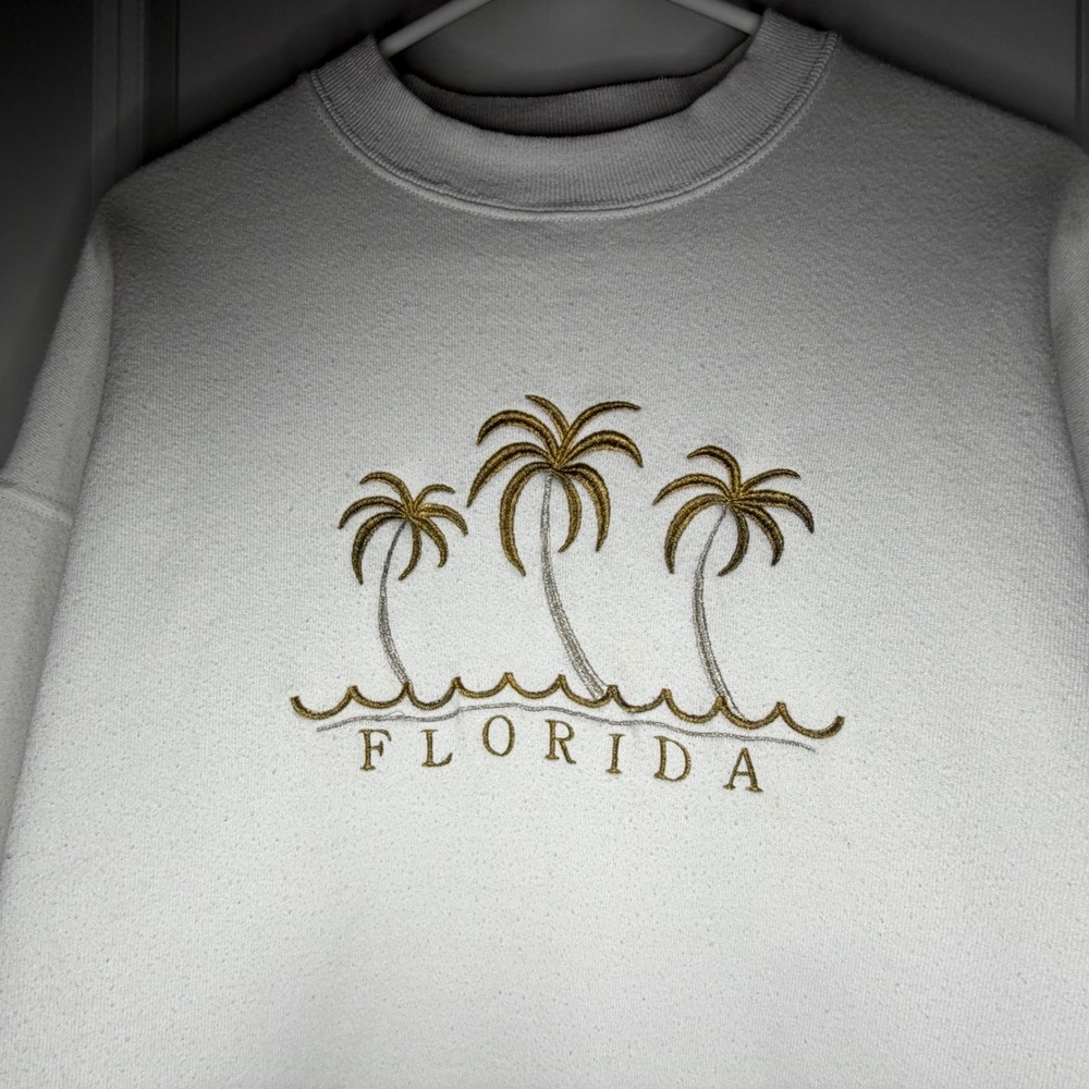 Vintage 90's Florida Sweatshirt Mens Large White Palm Tree Embroidery Crewneck